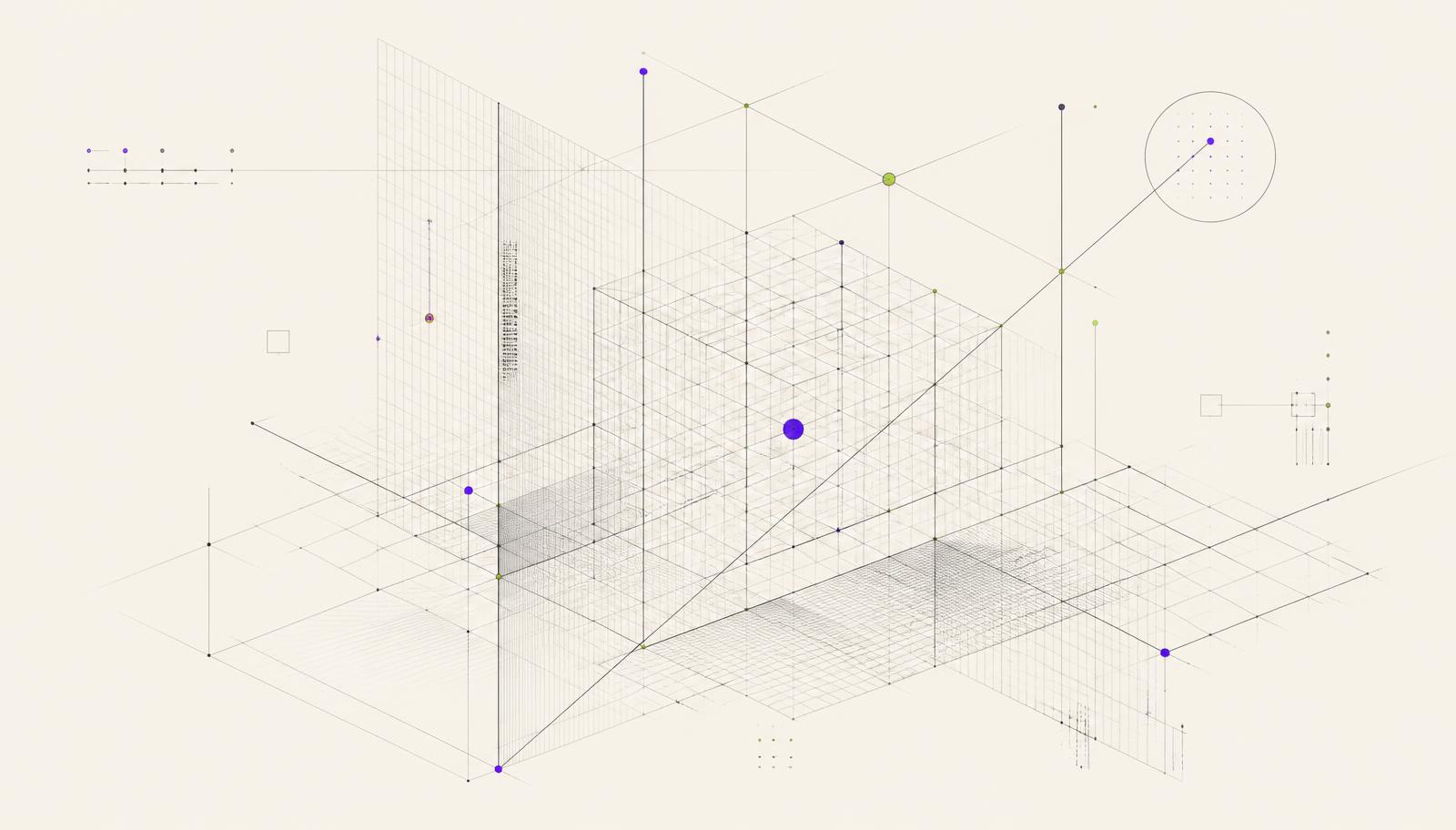 Abstract wireframe grid diagram with violet and lime nodes representing system structure