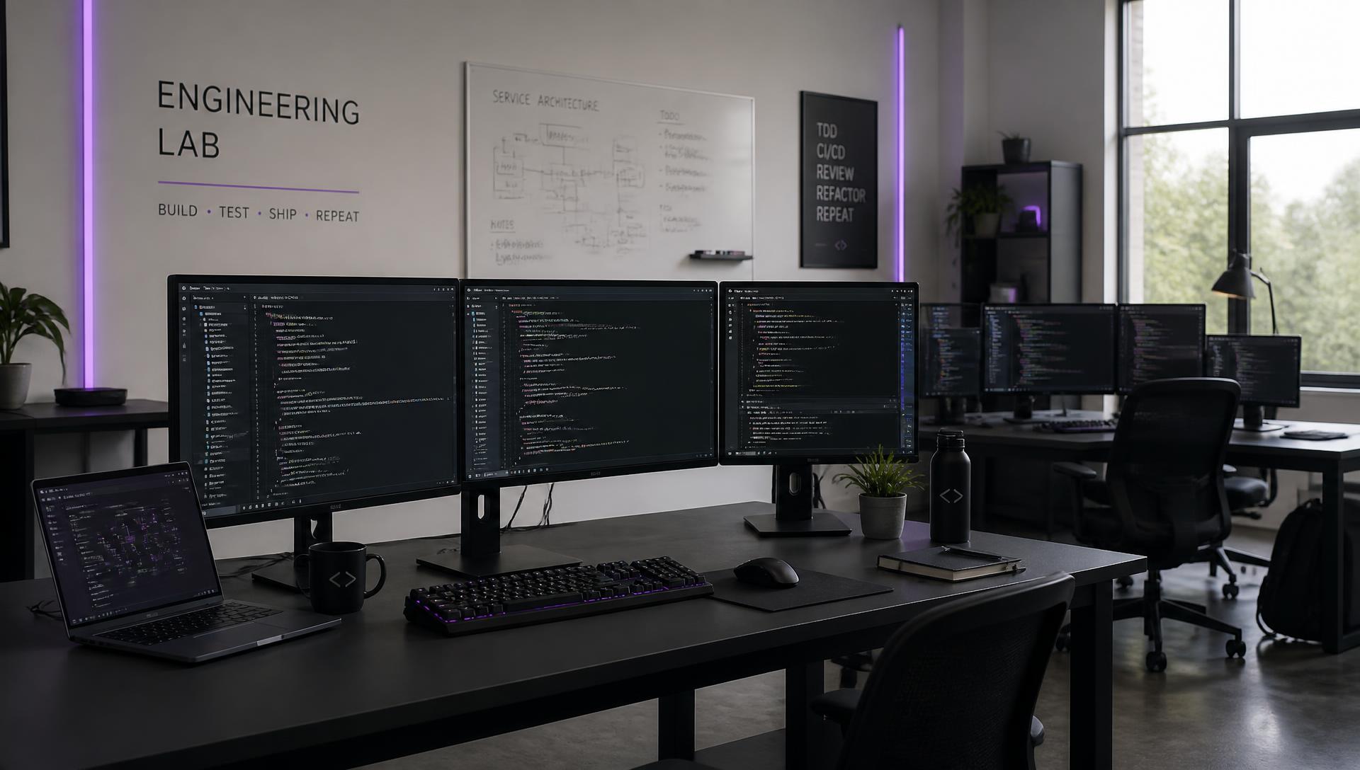 Development workstation with code editors open across multiple monitors in a bright studio