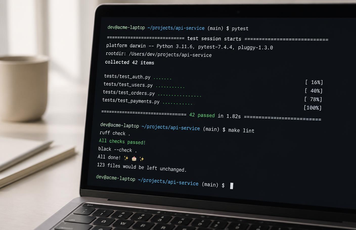 Terminal window showing a successful automated test run on a laptop